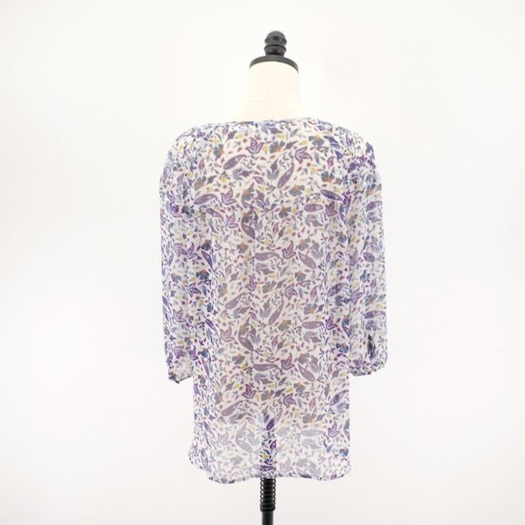 LC Lauren Conrad White Purple Blue Floral Sheer Scoop Neck Blouse Capped Large L - Picture 7 of 12